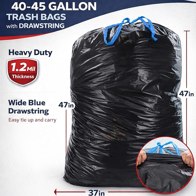 (50 Count) 44 Gallon Trash Bags with Drawstring Heavy Duty Fits 40-45 Gallon Bins 1.2 Mil Industrial Strength for Janitorial Hotels &amp Commercial Kitchen Waste-Multipurpose use-By Interplas.