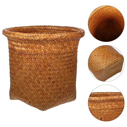 Alipis Seagrass Waste Basket Wicker Trash Can Woven Garbage Bin Laundry Hamper Rattan Plant Pot Rustic Storage Basket Rubbish Recycling Container for Kitchen Home Office