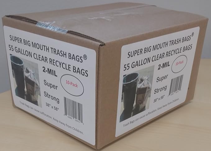 Super Big Mouth Trash Bags® 55 Gallon Clear Recycle Trash Garbage Bags 2-MIL 38W x 58H - 10 Pack