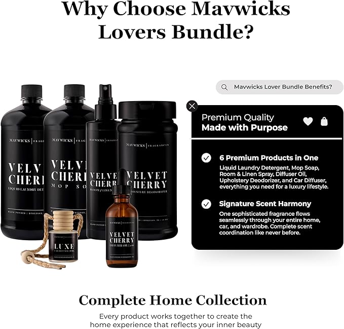 Fragrances - Lovers Bundle – 6-Piece Set | Velvet Cherry | Laundry Detergent 32oz Mop Soap 32oz Linen &amp Room Spray 8oz Diffuser Oil 2oz Upholstery Deodorizer 16oz &amp Car Diffuser