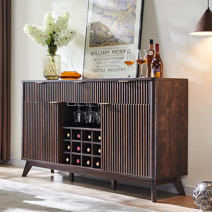 OKD Fluted Wine Bar Cabinet 60 Wide Modern Buffet Sideboard with Ample Storage - 2 Side Cabinets 3 Drawers 4 Glass Holders &amp 12 Wine Racks Coffee Bar Cabinet for Kitchen Dining Room Dark Wa