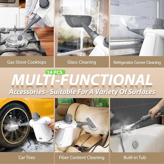15.2OZ Steam Cleaner Hands-free Steamer for Deep Cleaning with 14PCS Accessories &amp Safety Lock Chemical-Free Handheld Steam Cleaner for Home Car Furniture Grease Grout Floor (White)