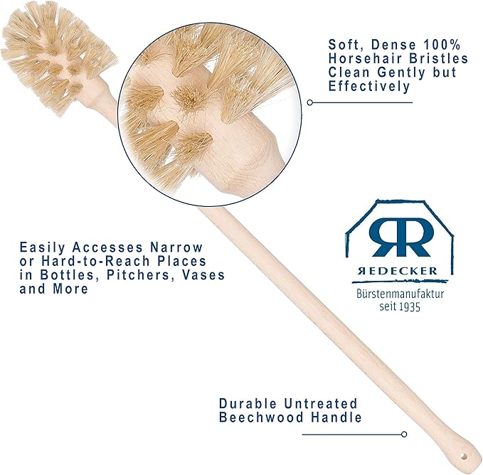 REDECKER Extra Long Bottle Brush Cleaner: Durable Horsehair and Beechwood Handle Ideal for Vases Pitchers Mugs and Baby Bottles 16-1/2 Inch Dense Natural Bristles Made in Germany