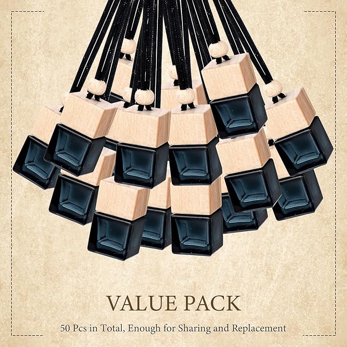 50 Pcs Hanging Car Air Freshener Empty Glass Car Diffuser Bottles Refillable Perfume Bottle Freshener Diffuser Bottle Pendant for Essential Oil Fragrance Aromatherapy Bottle Ornament(Black)