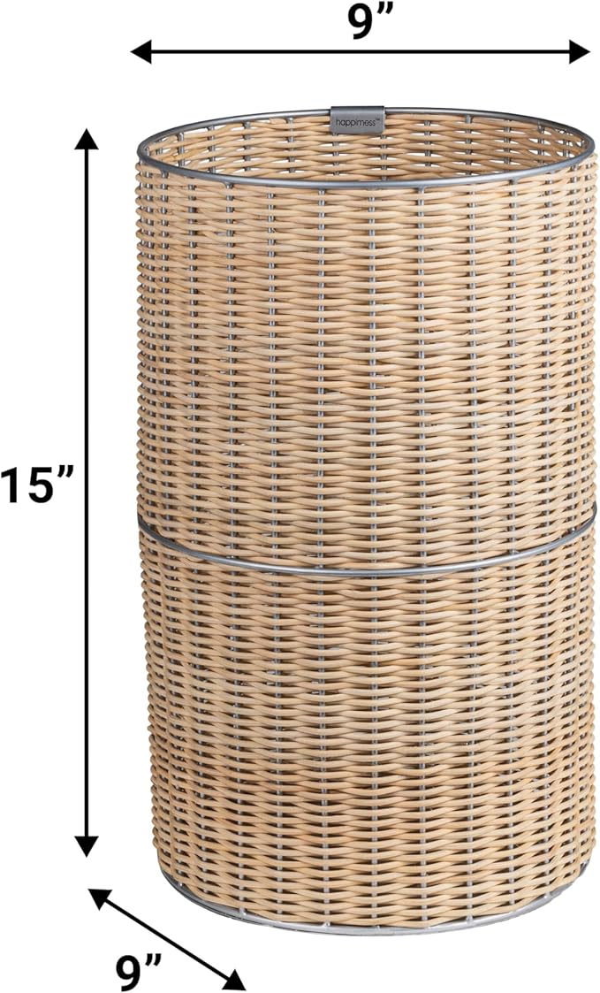 happimess HPM1100B Cecil Modern 4.13-Gallon Natural Wicker Cylinder Waste Basket Natural/Silver for Home Bathroom Living Room Office Bedroom Kitchen