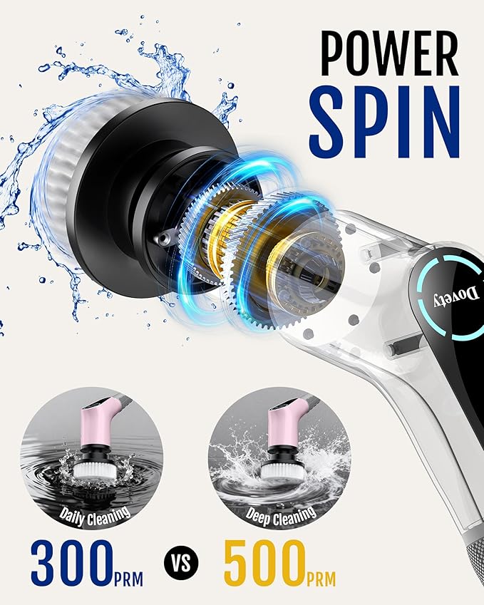 Dovety Electric Spin Scrubber Cordless Cleaning Brush Shower Scrubber with 8 Replaceable Brush Head Power Cleaning Brush with Extension Handle 2 Adjustable Speed for Bathtub Grout Tile Floor