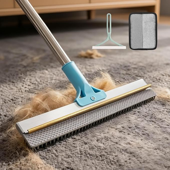BFNN Carpet Rake for Pet Hair Removal | Reusable Dual-Action Carpet Broom Tool with Metal Scraper &amp Silicone Brush | 54 Adjustable Handle | 3Pcs Cat &amp Dog Fur Cleaning Kit for Rugs Couch &am