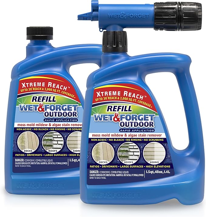 Wet &amp Forget Outdoor Stain Remover Multi-Surface Cleaner Xtreme Reach Hose End with New &amp Improved Nozzle 48 Fluid Ounces 1 Pack + Refill