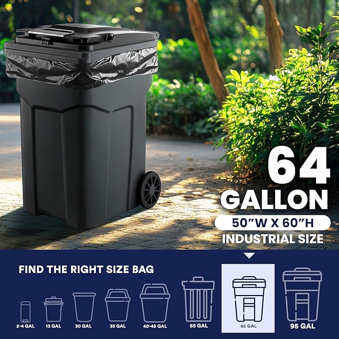 Plasticplace 64-65 Gallon Trash Can Liners for Toter │ 1.2 Mil │ Black Heavy Duty Garbage Bags │ Rolls │ 50” x 60” (100 Count)