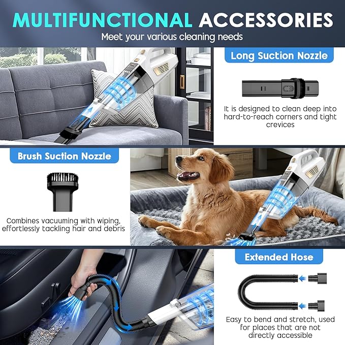 Handheld Vacuum Cordless 15000PA Strong Suction Hand Held Car Vacuum Cleaner Portable with Multi-Nozzles &amp Washable Filter Lightweight Dust Busters Rechargeable for Home Car Office Pets