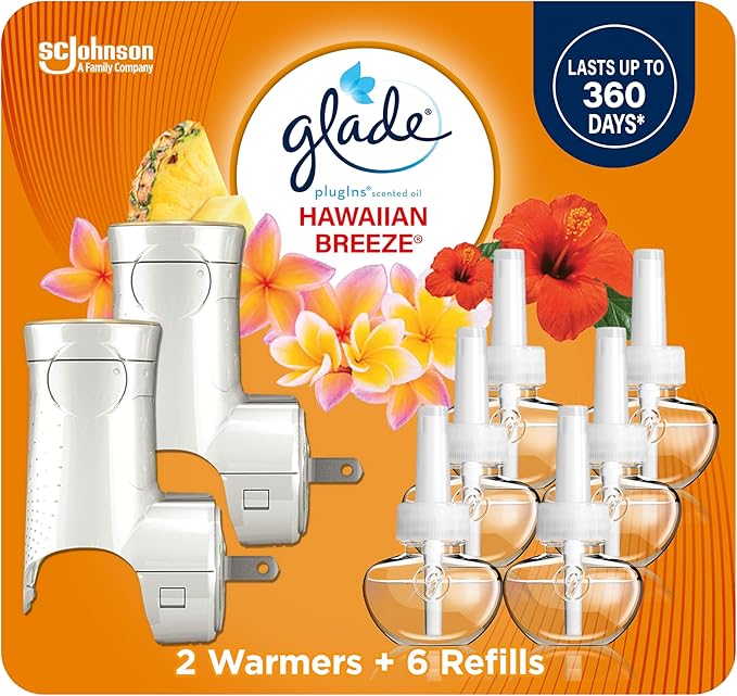 Glade PlugIns Refills Air Freshener Starter Kit Scented and Essential Oils for Home and Bathroom Hawaiian Breeze 4.02 Fl Oz 2 Warmers + 6 Refills