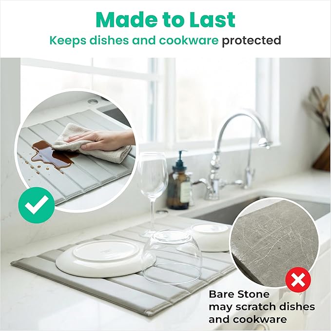 25 x 15 Large Stone Dish Drying Mat for Kitchen Counter Sink - Quick Dry Super Absorbent Diatomaceous Earth Pad for Dishes Mats for Bathroom - Absorbing Mats Odorless Food-Safe - Gray