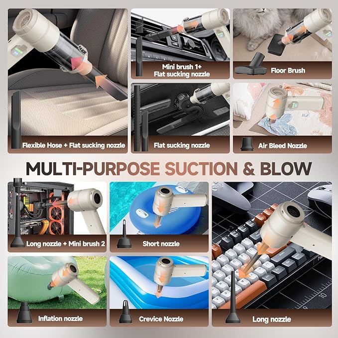 Car Vacuum Handheld Car Vacuum Cleaner Cordless with Brushless Motor 20000PA Suction High Power Rechargeable Vacuum Cleaner &amp Air Duster 4-in-1 Portable Mini Hand Vacuum Blower with LED Display