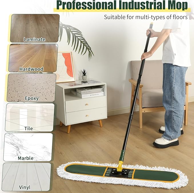 24 Commercial Dust Mop for Floor Cleaning Heavy Duty Large Mop with Replacement Mops Pads Industrial Duster Floor Wet Dry Broom for Cleaning Office Garage Hardwood Warehouse