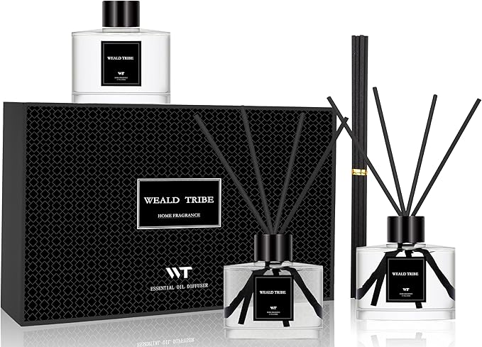 WEALD TRIBE Reed Diffuser Set Of 3 For Bathroom Air Fresheners Oil Defusers Sticks | Bamboo Sage &amp Sea Salt Sandalwood Ebony Scent(1.7 fl oz Each Pack) Home Fragrance With 12 Sticks | Shelf Dec