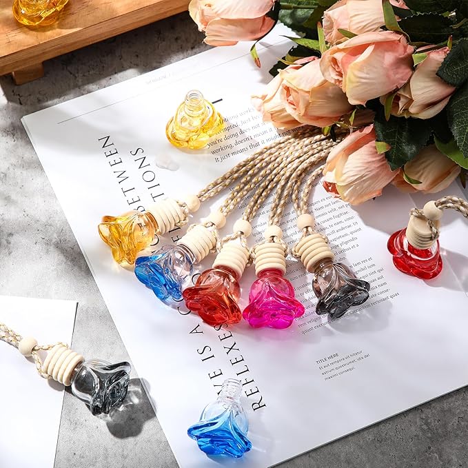 BBTO 50 Pcs Hanging Car Air Freshener Diffuser Bottles Empty Glass Perfume Bottle Pendant for Essential Oil (Colorful Rose)
