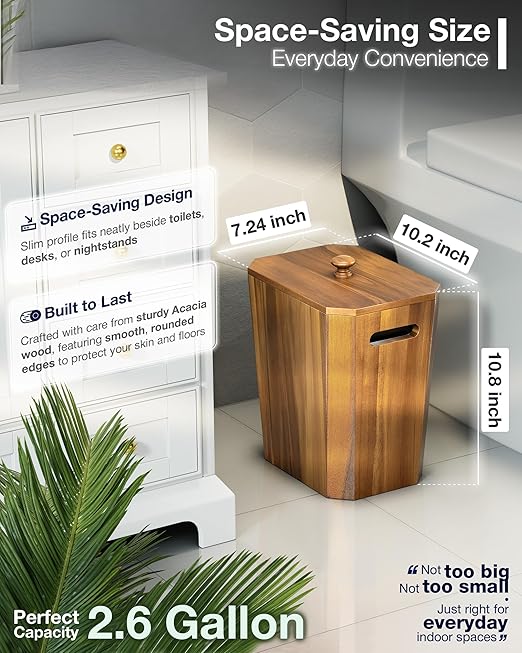 BLUEWEST 2.6 Gallons Acacia Wooden Wastebasket with Lid &amp Plastic Bin – Small Trash Can for Bathroom Bedroom Office – Decorative Wood Bin with Handle for Under Counter Use