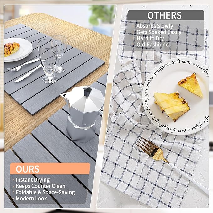 HotFox Dish Drying Mat for Kitchen Counter – Quick Dry Stone Drying Mat Foldable Diatomaceous Earth Pad Non-Slip Kitchen Sink Drying Mat Large Fast Drying Stone Mat for Dishes Coffee Maker Grey
