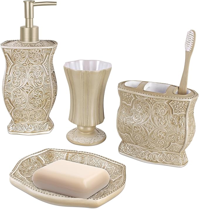 Creative Scents Victoria Beige Bathroom Accessories Set - Decorative Bathroom Accessory Set - 4 Piece Bathroom Set Features: Soap Dispenser Toothbrush Holder Tumbler and Soap Dish