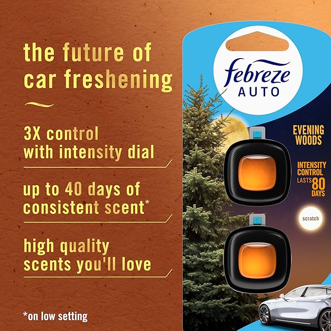 Febreze AUTO Air Freshener Odor-Fighting Automotive Vent Clip Evening Woods Scent 8 Count