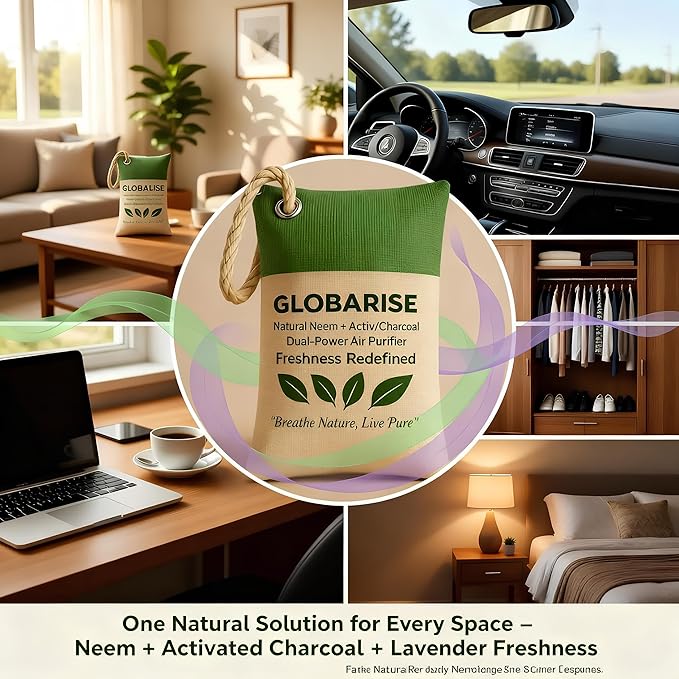 GlobaRise™ Dual Power Charcoal + Neem Odor Absorber Bags Natural Air Purifier Bags for Home Car Shoes &amp Pets | Activated Charcoal Deodorizer Eliminator | Eco-Friendly &amp Reusable | 100g Pack