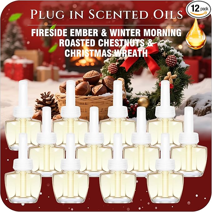 Plug Ins Refills Air Freshener 12 Pack Fireside Ember Winter Morning Roasted Chestnuts Christmas Wreath Long Lasting Plug in Refills Compatible with Air Wick &amp Glade Not Include Glade Plus