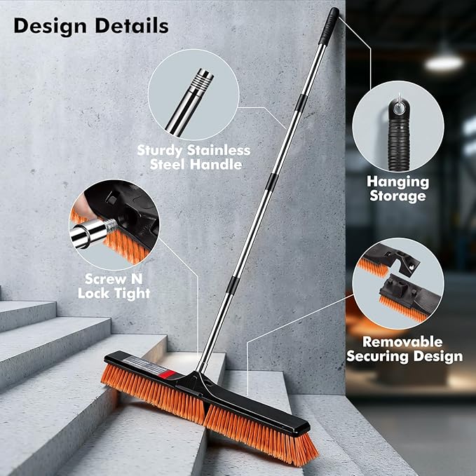 24 Push Broom Heavy Duty Outdoor Commercial Broom for Cleaning with 55 Long Handle and Stiff Bristles for Driveway Garage Yard Patio Warehouse Concrete Floor CleaningOrange