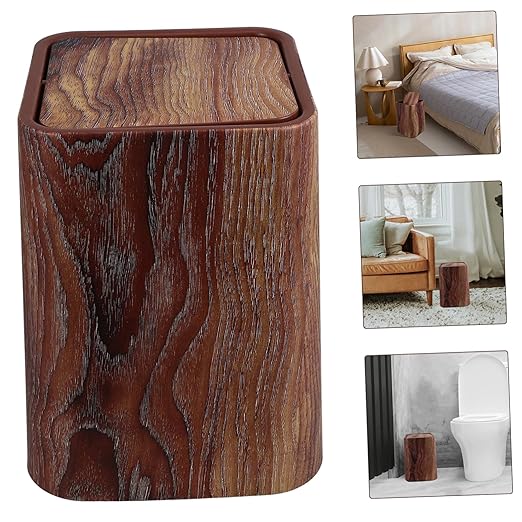 Elegant Swing Lid Waste Basket Imitation Wood Grain Trash Can for Kitchen Bathroom