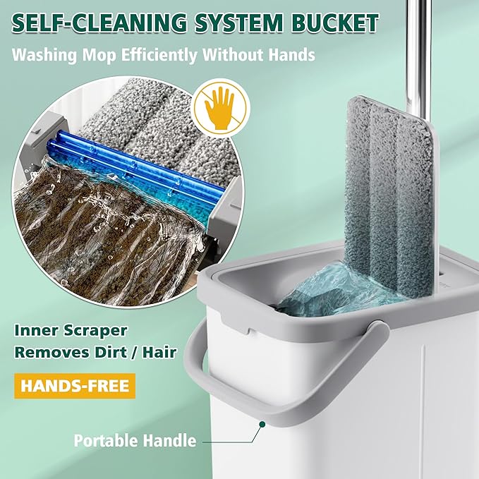 Mop and Bucket with Wringer Set Hands Free Flat Floor Mop and Bucket 3 Washable Microfiber Pads Included Wet and Dry Use Home Floor Cleaning System for All Floor Types and Windows