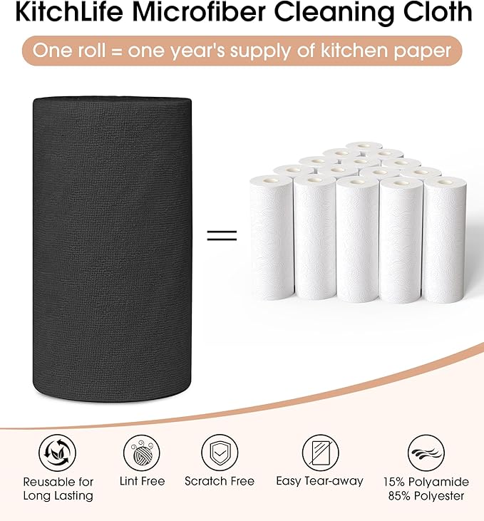 KitchLife Microfiber Cleaning Cloth Roll 100 Pack - Tear-Away Microfiber Paper Towels Lint-Free Reusable Washable for Kitchen Car Dishes and Sensitive Surfaces (Black)