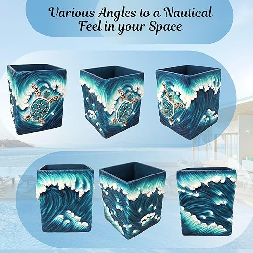 BestGiftEver Sea Turtle Wave Accent Trash Bin - Nautical and Ocean - Inspired Wastebasket - Ideal for Sea and Marine Life Lovers