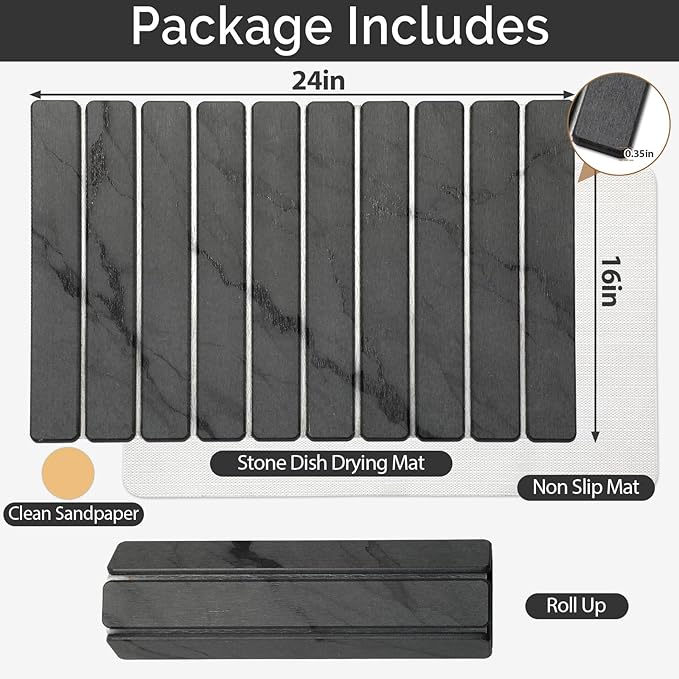 Large Stone Dish Drying Mat for Kitchen Counter Quick Dry Stone Dishes Mats Foldable Water Absorbing Diatomaceous Drying Pad for Countertop Bottles Utensils Cups Bathroom (Dark Gray 24x16)