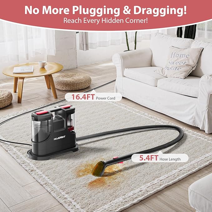 Upholstery Carpet Cleaner MUJERBAY 15Kpa Portable Spot and Stain Cleaner Shampooer Easy Move with Handle 1.5-inch Deep Cleaning Machine for Couch Stairs Car and Pet Messes.