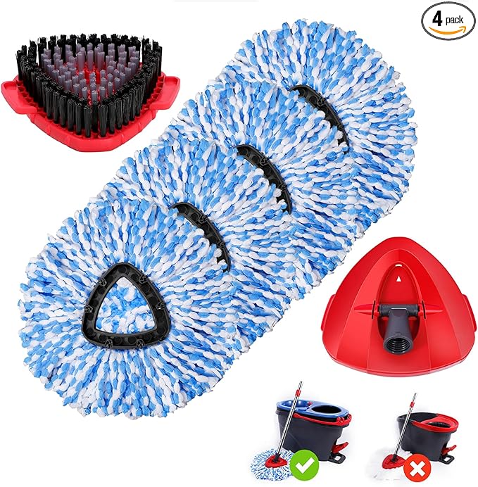 4 Pack Spin Mop Replacements Heads Microfiber Compatible with Oceda RinseClean 2-Tank System Includes 1 Gray Mop Scrub Brush 1 Mop Base 4 Easy Cleaning Mop Heads Blue Color