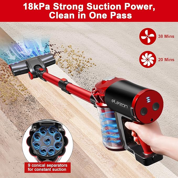 elezon A200 Cordless Vacuum Cleaner Stick Vacuum with Powerful Suction 38 Mins Runtime Rechargeable Battery HEPA Filter Portable Lightweight Vacuum Cleaners for Home Hard Floor Pet Hair