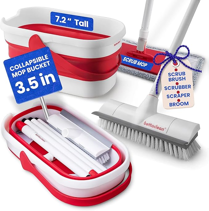 Collapsible Mop and Bucket Set with Wringer Heavy Duty Scrub Brush Foldable Mop and Broom for Home Indoor or Outdoor Cleaning Patio Deck RV Concrete and Floor Care by Bettaclean