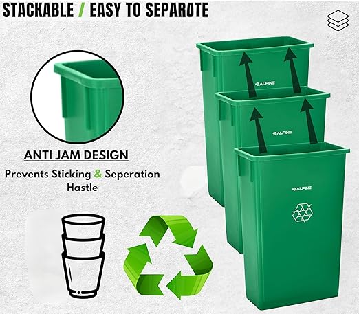 Alpine 23 Gallon Slim Trash Can - Open Top 3 Pack Slender Green Recycle Bin - Heavy Duty Plastic Garbage Bin for Homes Offices and Other Commercial Space