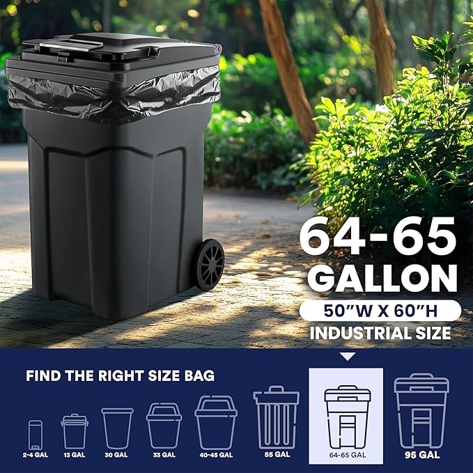 Plasticplace 64-65 Gallon Black Trash Bags Heavy Duty Toter Can Liners Tear &amp Leak-Proof Industrial Strength 25 Count Large Garbage Bags for Kitchen &amp Commercial Use 1.2 Mil 50 x 60