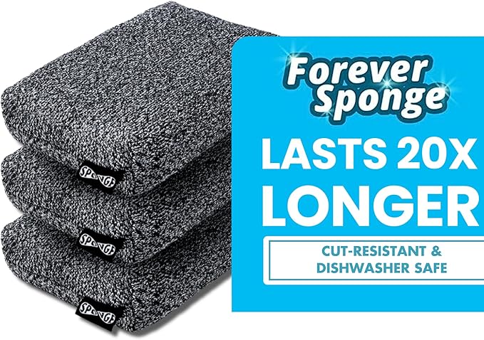 Grill Rescue Heavy Duty Kitchen Sponge - Lasts 20x Longer Scratch-Free Safe for Non-Stick Cookware - Cut Resistant Versatile Household Bathroom &amp Outdoor Cleaning Supplies (3 Grey)