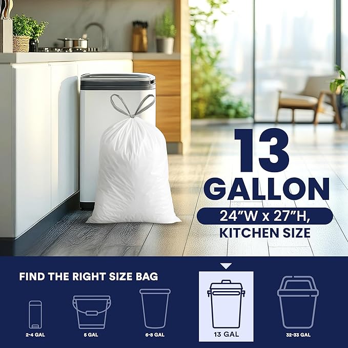 Plasticplace 13 Gallon Trash Bags 1.2 Mil White Drawstring Garbage Can Liners 24x27 (100 Count)