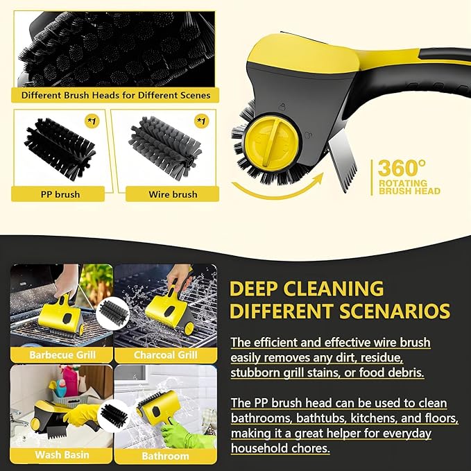 Grill Cleaner 2600mAh Grill Clean Brush with 2 12.4cm Detachable Brush Heads 360° Rotating Cleaning One-Touch Water Spray 2 Speed Adjustment for Grill Kitchen Room Bathroom