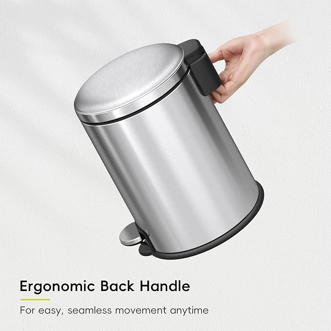 EKO Serene 5L / 1.32 Gallon Step Trash Can with Lid Small Stainless Steel Round Garbage Can with Removable Inner Bucket Compact Bin for Powder Rooms Offices &amp Tight Bathroom Spaces.