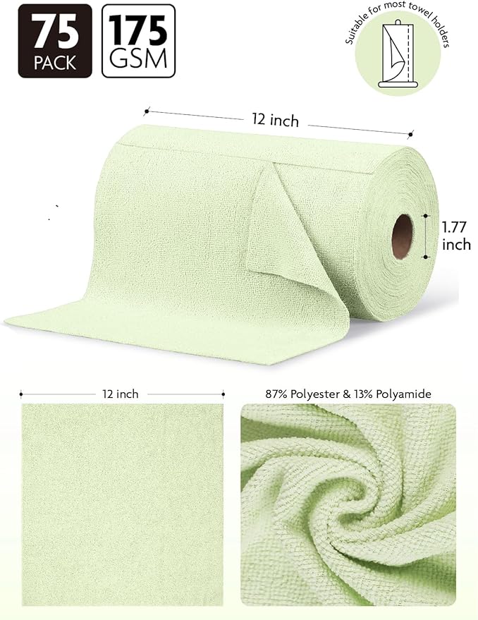 Fantasticlean Microfiber Cleaning Cloth Roll -75 Pack Tear Away Microfiber Towels 12 x 12 Reusable Washable Scratch Free Ultra Absorbent Dishcloth for All-Around Cleaning Supplies (Green)