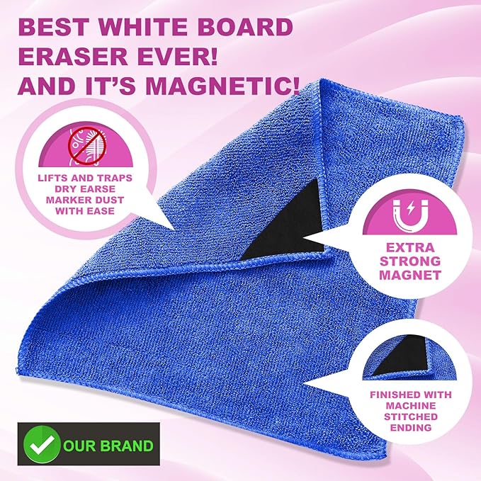 Tudomro 30 Pcs Magnetic Microfiber Cleaning Cloth Dry Erasers Bulk for Most Whiteboards Dry Erase Cloth Cleaner Reusable Home Office 10'' x 10''(Black Blue)