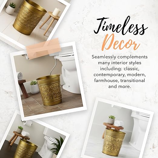 Autumn Alley Handcrafted Brass Bathroom Trash Can Round Open-Top Bathroom Wastebasket Stylish Metal Waste Bin for Home Office Bedroom Decorative Waste Basket Decor Coastal Trash Can Brass 2 Gal.