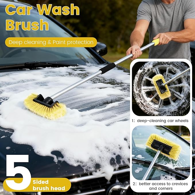 Car Wash Brush with Long Handle 60'' Soft Bristle Cleaning Brush Car Cleaning Brushes Carwash Brushes for SUV RV Boat Truck House Siding Sweep Snow Yellow
