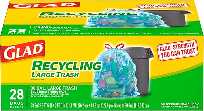 Glad Trash Bags Large Drawstring Garbage Bags 30 Gallon Blue Trash Bags for Large Kitchen Trash Can or Recycling 28 Count - Packaging May Vary