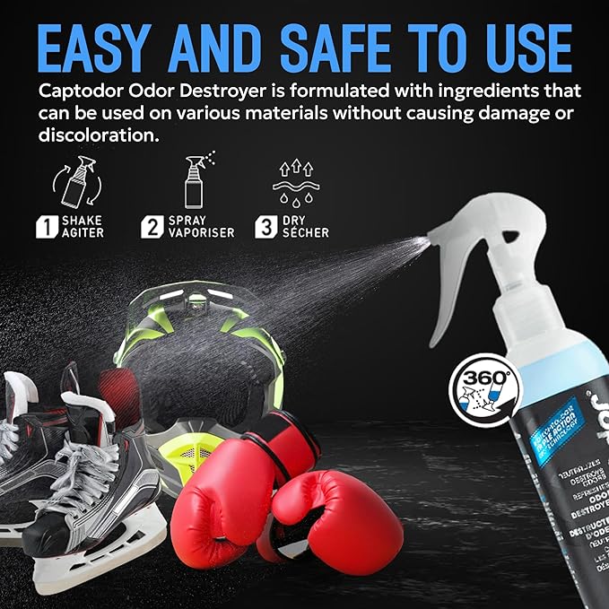 Sports Odor Destroyer Spray (2 x Carry-on Bottles of 8.12oz / 240 ml) Sports Gear Odor Eliminator &amp Deodorizer - Neutralizer &amp Refresher Spray for Equipment Sportswear &amp Outdoor Gear
