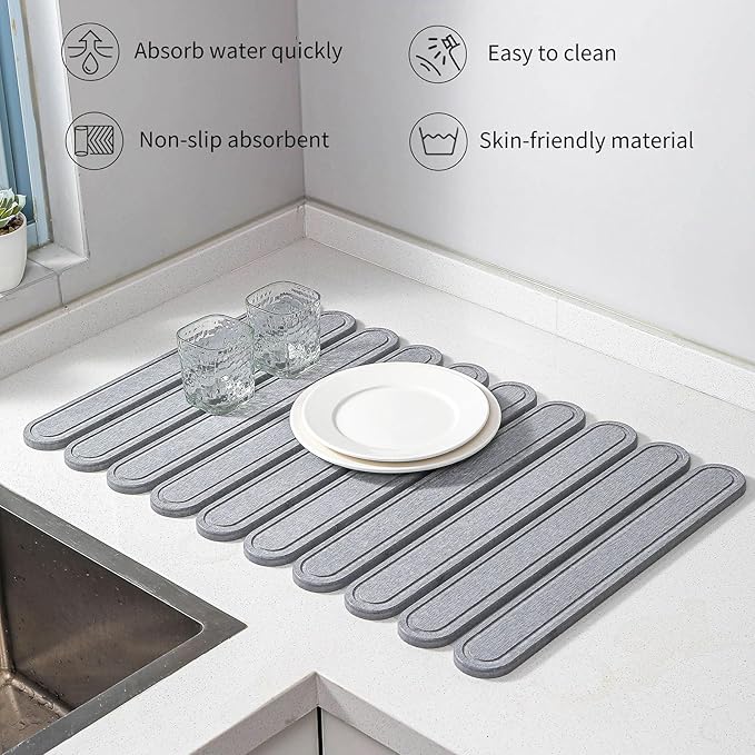 Stone Dish Drying Mat for Kitchen Counter Large Foldable Countertop Mat Quick-Dry Non-Slip Diatomaceous Absorbent Pad for Dishes Dinnerware Glassware &amp Cookware (Dark Grey 24(L)×16(W))