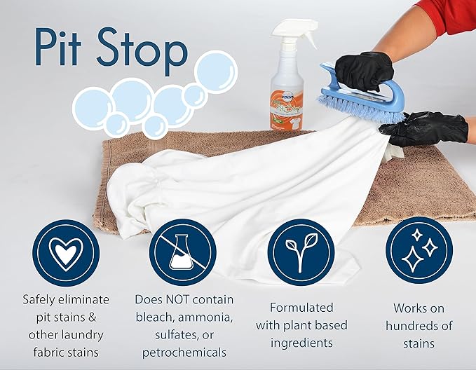 Sanco Industries Pit Stop - Sweat Stain &amp Deodorant Stain Remover Multi-Stain &amp Multi-Purpose Formulated Spray Safe for All Fabrics - 32 Ounces (Quart)